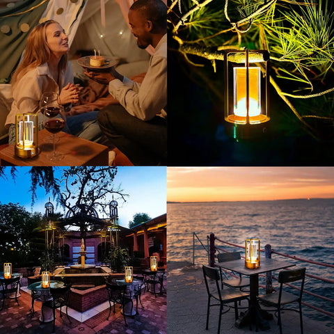Portable Metal Table Lamp With 4000mAh Rechargeable Battery Cordless Outdoor Light on patio, camping, and coffee table settings.