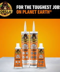 Gorilla 100% Silicone All-Purpose sealant cartridges and bottles in orange packaging, white caps, four items