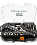 13 Piece SAE Ratcheting Tap And Die Set With 72 Tooth Fine Ratchet And 5 Degree Swing Arc in black case with clear lid
