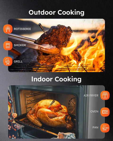 Ultra Thin Wireless Meat Thermometer with 0.5 Second Instant Read Digital Food Thermometer 600ft Bluetooth Range used in BBQ grill and oven.