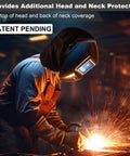 Welding helmet with extended cover and press-fit seal in black, protecting head and neck, compatible with Lincoln models.