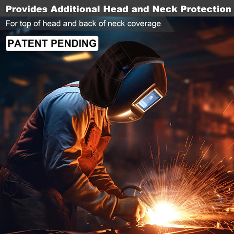 Welding helmet with extended cover and press-fit seal in black, protecting head and neck, compatible with Lincoln models.