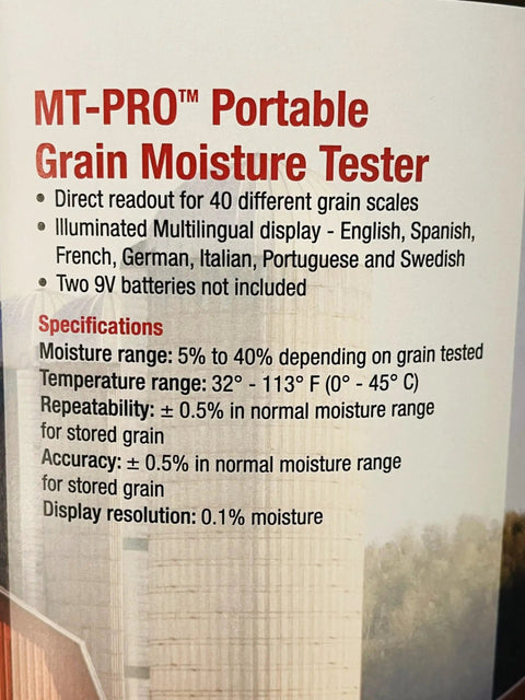 MT Pro Portable Grain Moisture Tester With Digital Meter Readout And Carrying Case Direct Readout For Forty Grain Scales Grab-and-Go Convenience Detects High Moisture Up To Forty Percent Illuminated Multilingual Display package front