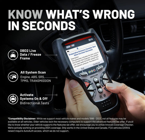Person holding Bidirectional OBD2 Scan Tool 5610 for cars and light trucks with live data and OEM codes on screen.