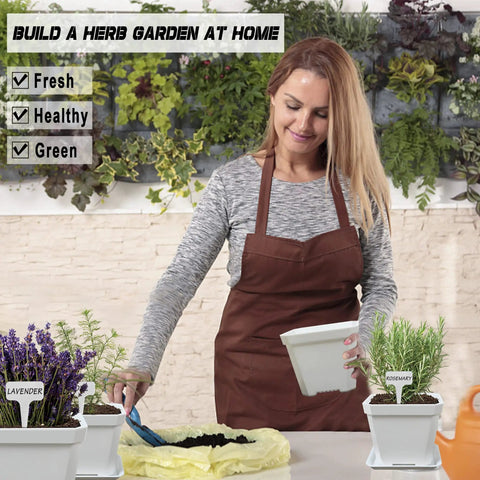 Woman gardening with 10 Herb Seeds Garden Starter Kit With White Pots Markers Soil Discs Watering Bottle Herb Clipper Mini Pruner.