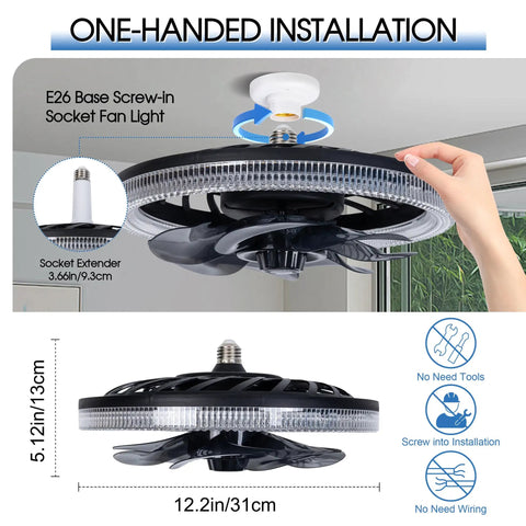 Screw In Ceiling Fan With Light And Remote Dimmable E26 Bulb Socket Adapter Flush Mount Mini Wireless Fan for easy one-handed installation.