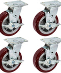 Built Tough Shop Grade Industrial Caster Wheels With Non Marking Polyurethane Tires Top Lock Brake Reinforced Extra Strong Steel Mount Plates.