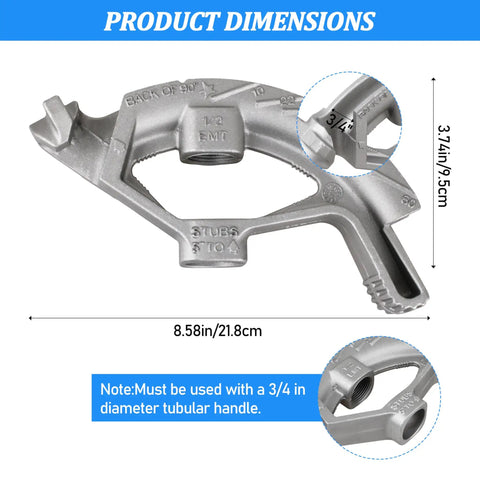 Heavy Duty 1/2 Inch Emt Conduit Bender Head With 3/4 Inch Pipe Handle dimensions, made of durable aluminum for precise wire bending.