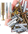 200 Piece Wall Anchor Screw Kit For Drywall, Metal Self Tapping Fasteners, Yellow Zinc Plated Carbon Steel, Rust Resistant Home Fixing, No Fuss No Prep Self Drilling Mounting, Heavy Duty Kit shown with assorted anchors and screws in hand