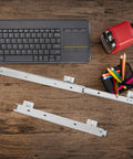 Two Pack Ball Bearing Drawer Slides For Keyboard Tray Under Desk Mount, Heavy Duty Cold Rolled Steel Construction, Smooth Glide, Easy Installation, Stable, Quiet Operation For Home Office And Workstation showing two metal rails on desk