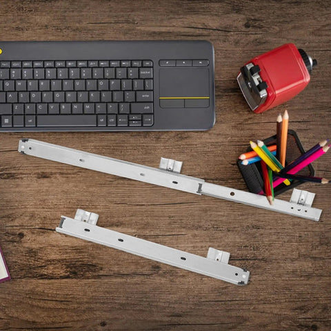 Two Pack Ball Bearing Drawer Slides For Keyboard Tray Under Desk Mount, Heavy Duty Cold Rolled Steel Construction, Smooth Glide, Easy Installation, Stable, Quiet Operation For Home Office And Workstation showing two metal rails on desk