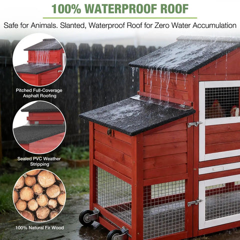 Mobile Chicken Coop On Wheels For Four To Six Hens With Run, Large Outdoor Hen House With Weatherproof Asphalt Roof, Red