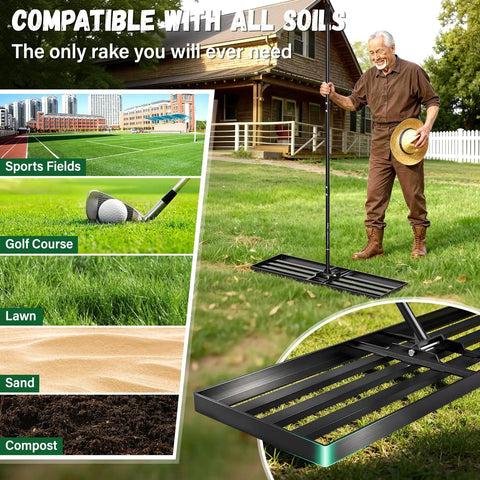 Heavy Duty Lawn Leveling Rake With 78 Inch Long Handle 36 By 12 Inch Head Ground Leveler used on various terrains