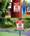 Front view: Private Drive No Turn Around sign, 14x10 in, reflective aluminum, on red wooden post
Installed view: Private Drive No Turn Around sign, 14x10 in, reflective aluminum, on metal post by driveway