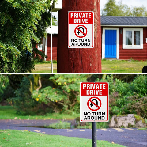 Front view: Private Drive No Turn Around sign, 14x10 in, reflective aluminum, on red wooden post
Installed view: Private Drive No Turn Around sign, 14x10 in, reflective aluminum, on metal post by driveway