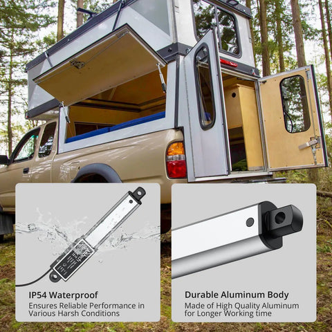 Image of 12V Mini Linear Actuator Featuring A 2 Inch Stroke And 64 Newton Thrust in an outdoor setting near a camper.