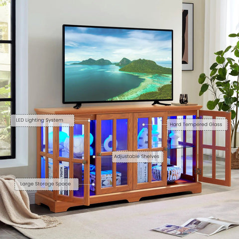 59 Inch LED Curio Cabinet With Seven Color Lights, glass doors open, displaying items with LED lighting, dark oak finish, in living room