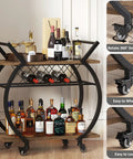 Smooth Rolling Industrial Bar Cart With Spacious Wooden Shelves And Rock Solid Wheels For Your Kitchen Or Lounge Space Chilled Beverage Serving Station displaying bottles and wine on two-tier wooden shelves.
