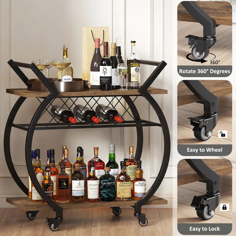 Smooth Rolling Industrial Bar Cart With Spacious Wooden Shelves And Rock Solid Wheels For Your Kitchen Or Lounge Space Chilled Beverage Serving Station displaying bottles and wine on two-tier wooden shelves.