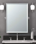 Bathroom scene with dual function towel rack and shelf in satin nickel, 10 inch by 20 inch wall mount organizer for towels and toiletries.