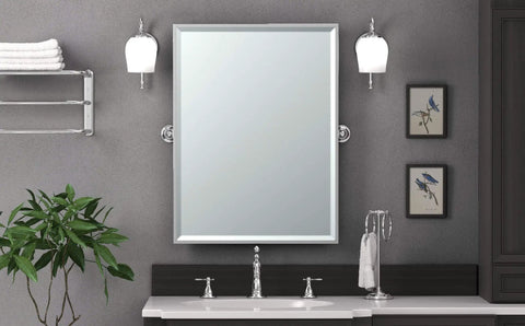 Bathroom scene with dual function towel rack and shelf in satin nickel, 10 inch by 20 inch wall mount organizer for towels and toiletries.
