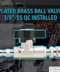 Front view of Veloci 3/8-inch plated brass ball valve with stainless steel quick coupler