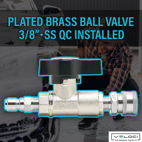 Front view of Veloci 3/8-inch plated brass ball valve with stainless steel quick coupler
