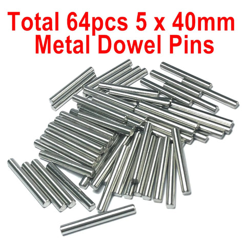 64 Pack 5mm x 40mm Dowel Pins for Shelves and Furniture, 304 Stainless Steel Wood Pegs For Tight Fits, Ground Precision Tolerances, Built Tough Metal Dowel Rods For Everyday Repairs, scattered silver pins