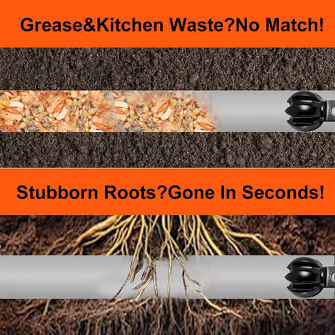 Auto-Feed Electric Drain Snake Auger With 1800RPM Foot Pedal, showing chopped grease and roots in pipes.