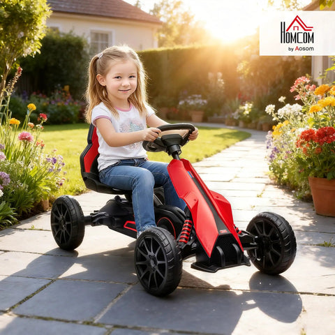Child riding Kid Pedal Go Kart For Outdoors With Adjustable 4 Position Seat Swing Axle Handbrake And Non Slip EVA Wheels Ride On Toy For Boys And Girls Ages 3 To 8 Red on garden path