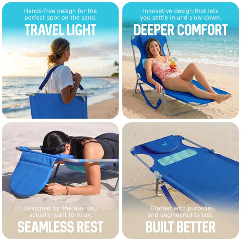 Ladies Chest-Support Comfort Lounger Foldable Portable Reclining Outdoor Chair For Beach Pool Patio Camping Ocean Blue
