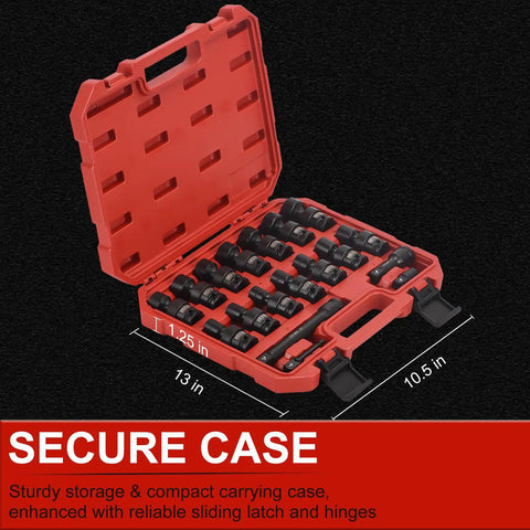 Heavy Duty 18-Piece One-Half Inch Drive Shallow Universal Impact Socket Set With Swivel And Flexible Wobble, red case open