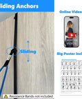 Slick Sliding Door Anchor For Resistance Bands Featuring legit height adjustments, showcasing sliding mechanism and included workout poster.