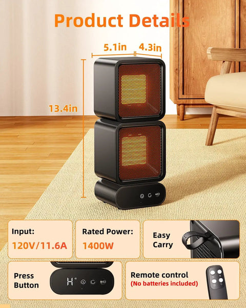 Portable Dual-Head Space Heater With Remote, 270 Degree Manual Rotation And Auto Oscillation in a living room setting