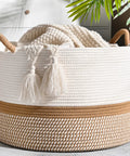 Large Cotton Rope Blanket Basket For Nursery And Living Room Storage Woven Laundry Hamper And Toy Chest 20 By 13 Inches White And Brown Durable Handmade Cotton Rope Basket That Holds Blankets Toys Pillows And Laundry Neatly In Any Room