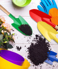 Colorful 12 Pack Kids Garden Shovels Set with Wooden Handles, showing red, yellow, green, blue shovels and soil for planting.
