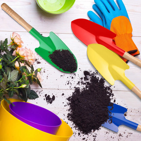 Colorful 12 Pack Kids Garden Shovels Set with Wooden Handles, showing red, yellow, green, blue shovels and soil for planting.