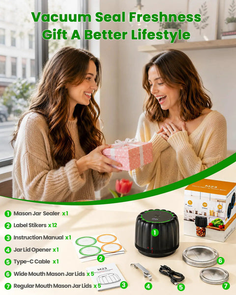 Mason Jar Vacuum Sealer Kit Cordless Auto Stop with 10 Lids shown with packaging and accessories