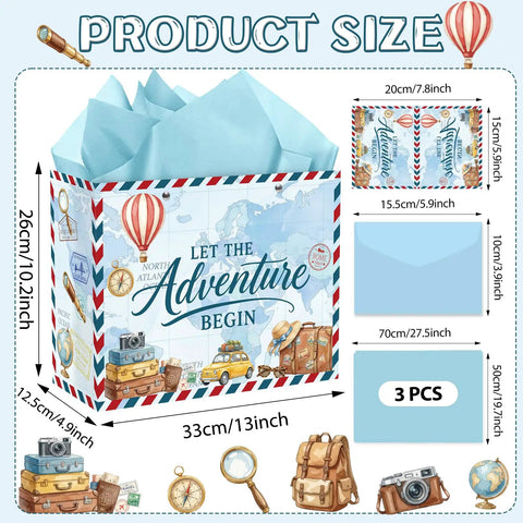 Awesome 13 Inch Travel Gift Bag Kit With Retirement Card Sky Blue Tissue Paper Vintage Envelope Set For Adventure Sendoff Party Gift Wrap Totally Dope Package Idea For Friends Moving Away Or College Graduation Events So You Love. 13-inch travel gift bag