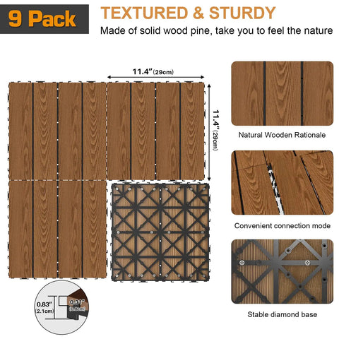 Diagram showing Interlocking Wood Deck Tiles 12x12 Inch Set Of 9 Waterproof Outdoor Flooring For All Weather Use In Khaki Pine Wood