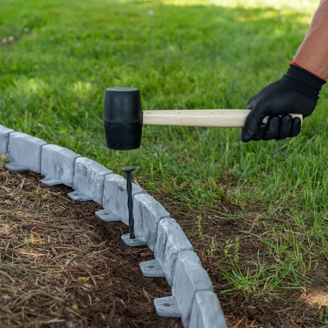 Installing No-Dig Landscape Edging Kit With Anchoring Spikes Stone-Look Garden Border 15 Foot Set 2.7 Inch Tall Slate Gray