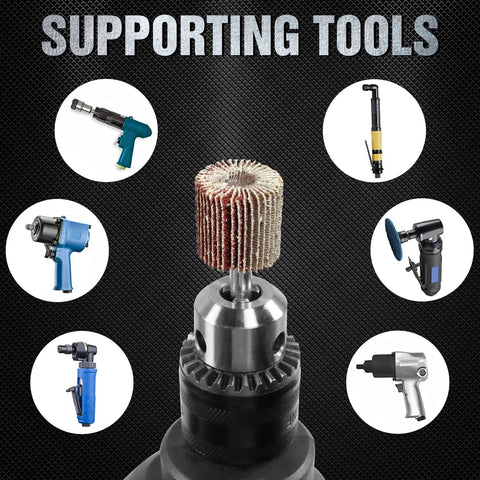 Drill-mounted flap wheel sander with an 80-grit wheel; 20-piece set for metal and wood.