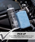 Heavy Metal Polish Restorer And Protectant For Chrome Aluminum Stainless Steel Brass Silver And More Cleans Restores Removes Oxidation And Stains Safe For Cars Trucks Motorcycles RVs And Boats 16 Oz next to microfiber applicator on motorcycle