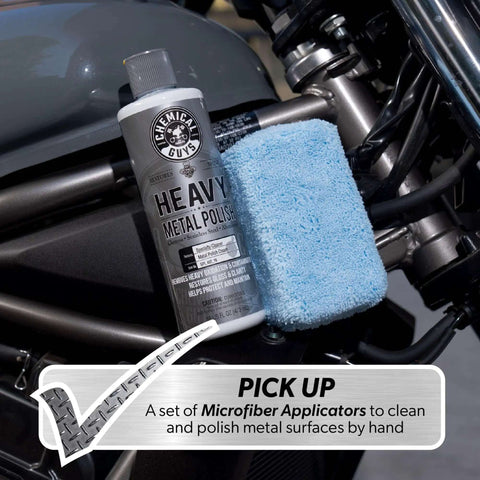 Heavy Metal Polish Restorer And Protectant For Chrome Aluminum Stainless Steel Brass Silver And More Cleans Restores Removes Oxidation And Stains Safe For Cars Trucks Motorcycles RVs And Boats 16 Oz next to microfiber applicator on motorcycle