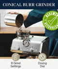 La Specialista Arte Espresso Machine Conical Burr Grinder with whole beans being poured into grinder.