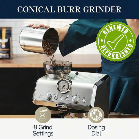 La Specialista Arte Espresso Machine Conical Burr Grinder with whole beans being poured into grinder.