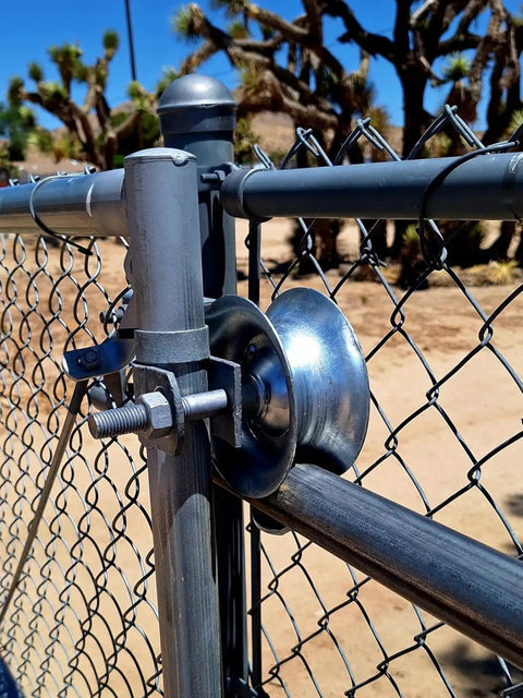 5 Inch Steel Sliding Track Rollers For One And Five Eighths Inch Gate Frame Galvanized Gate Roller 2 Pack Replacement Heavy Duty Hardware For Sliding Gates And Chain Link Fence Gates installed on gate