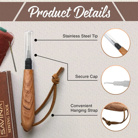 Ergonomic Wooden Needle Threader With Extended Stainless Hook For Medium And Large Needles, showing wood handle, steel tip, hanging strap