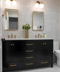 Bathroom with black vanity featuring 10 Pack 5 Inch Vintage Antique Brass Cabinet Pulls For Kitchen Cabinets And Dressers Bronze Cupboard Hardware.