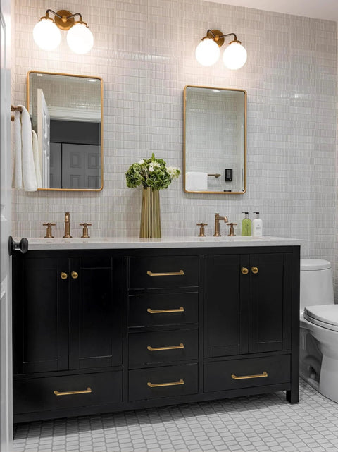 Bathroom with black vanity featuring 10 Pack 5 Inch Vintage Antique Brass Cabinet Pulls For Kitchen Cabinets And Dressers Bronze Cupboard Hardware.